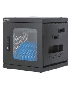 Manhattan 180917 gabinete de carga con 10 contactos corriente alterna amplias ranuras para dispositivos hasta 15.6, salidas nema 5-15r, protección contra sobrecarga, cerradura, montaje en pared, apilable, negro.