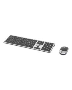 Manhattan 180788 diseño elegante, un solo receptor usb-a nano para ambos, teclado inalámbrico de tamaño normal, mouse óptico ambidiestro con tres botones y rueda desplazamiento, 1200 ppp, plateadonegro
