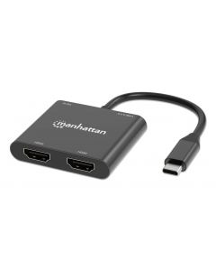 Manhattan 154321 adaptador multipuerto con usb tipo c macho a dos puertos hdmi (hasta 4k@60hz), usb-a (480 mbps) y power delivery de carga (100 w), aluminio, negro