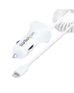 Startech USBLT2PCARW2 Startech.com cargador de coche con cable en espiral lightning, 1m 12w blanco, adaptador 2 puertos para iphone y tablet, usb