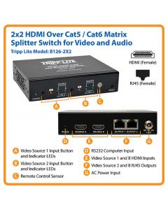 Tripp Lite b126-2x2  Switch Divisor De Matriz 2 X Hdmi Cat5 Cat6 Transmisor 1080p 53m