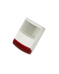 Paamon PM-SRE60A sirena con estrobo para exterior PM-SRE60A, carcasa metálica doble protección, voltaje de operación 9-28v dc, 1 tono 125db, color rojo, tasa parpadeo 135 veces por minuto. cuenta espacio batería 4 amp, compatible ens-bt412.