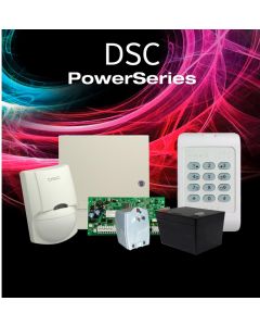 Dsc PWRLEDPAQ power-led- paquete power con  panel pc1832pcbspa 8 zonas cableadas gabinete metálico gtvcmx007 teclado de led pc1404 detector movimiento cableado lc100pi fuente poder ptc1640u batería 12v 5ah