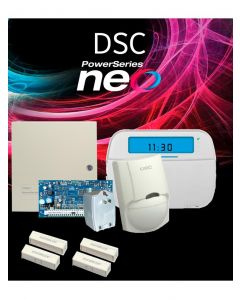 Dsc NEO-ICON-SB - paquete serie neo con panel hs2032 de 8 zonas cableadas expandible a 32  teclado iconos hs2icn sensor pir lc-100- pi cableado 2 contactos sm433tqw cableados transformador gabinete gtvcmx003 sin batería