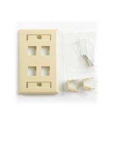 Belden AX104198 placa de pared (faceplate) 4 puertos compatible con jacks estilo keyconnect cat6a cat6 cat5e conectores fibra óptica y coaxiales color marfil uso interior material plástico ul94v incluye tornillo 6-32 etiqueta carton ventana transparente.