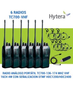Hytera tc700vhf-kit6 Kit De 6 Radios Tc700-vhf + Microfonoaudifono A40h01+ 1 Cable Programador Software