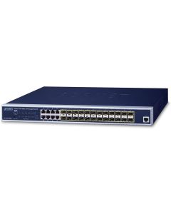 Planet GS-5220-16S8C switch administrable l2 + l3 ruteo estatico  24 puertos sfp velocidad de transmision 100 1000x 8 combo rj45 10 1000 mbps 1 puerto consola fuente redundante 36-60 vdc montaje en rack temperatura operacion 0-50c